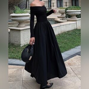 Commense Off Shoulder Criss Cross Long Dress in Black